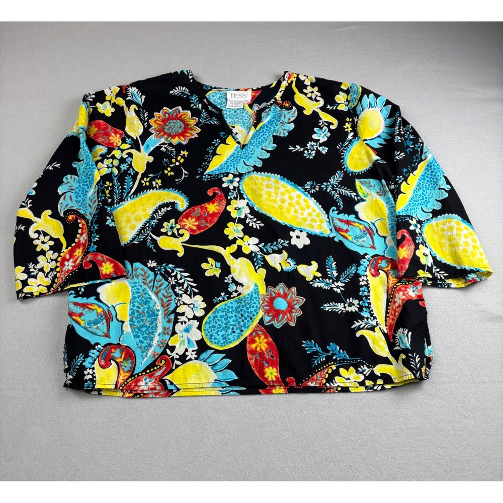 TESS Women's Cotton Paisley Blouse XL Black Yellow Blue Floral Top 3/4 Sleeve